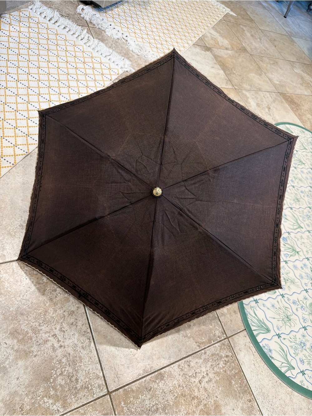 Celine Black Compact Umbrella with Gold Lace Trim - Picture 14 of 14